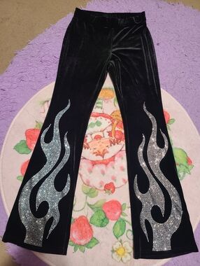 Black Velvet Flared Pants with Silver Rhinestone Flame Design
